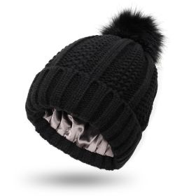 Winter Knitted Hats Fashion Stretchy Lined Skull Hats For Women Faux Fur Pom Pom Hat Keep Warming Beanie Hat (Option: Black-One size)
