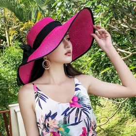 Women's Seaside Summer Vacation Foldable Sun Hat With Wide Brim (Option: Black Edge Rose Red-Average Size)