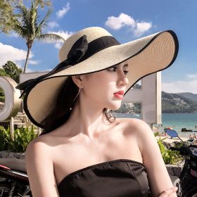 Women's Seaside Summer Vacation Foldable Sun Hat With Wide Brim (Option: Black Edge Beige-Average Size)