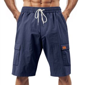 Loose Sports And Leisure Solid Color Linen Drawstring Shorts (Option: L-Dark Blue with Label)