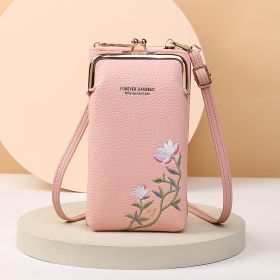 Flower Embroidery Phone Bag With Lock Buckle Outdoor Long Wallet Fashion Shoulder And Crossbody Bags (Option: Pink)
