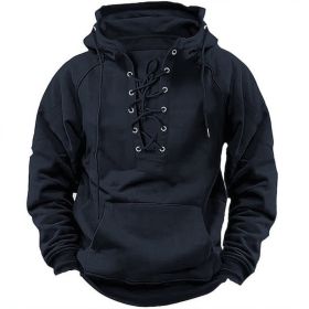 Ins Lace-up Hoodie Casual Sports Pocket Sweatshirt Men's Long-sleeved Top Clothing (Option: Black-S)