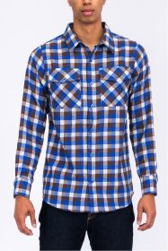 Weiv Regular Fit Checker Plaid Flannel Long Sleeve (Color: BLUE BROWN, size: L)