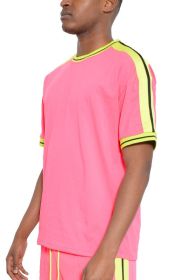 Striped Tape Short Sleeve T-shirt (Color: Pink, size: L)