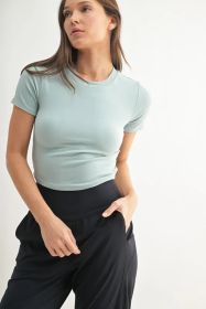 MONO B Essential Micro-ribbed Cropped Athleisure Tee (Color: VINTAGE BLUE, size: L)