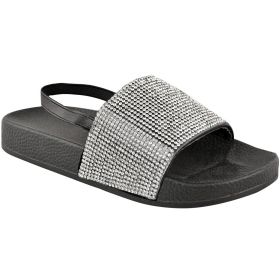 LEVELLE KIDS FLATFORM SLIDERS WIT DIAMANTE STRAP & SLINGBACK IN BLACK (Colour: BLACK, size: 13 KIDS)