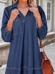New Women's Casual Doll Dress With V-neck, Three-quarter Length, Puffed Sleeves, And Denim Material (Option: S)