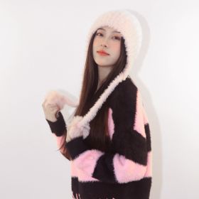 Fleece-lined Thickened Knitting Hanging Ball Woolen Cap Warm Ear Protection Knitted Hat (Option: Pink White-High Quality)