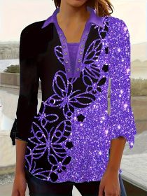 Spring And Autumn New Printed Lapel Three-quarter Sleeve T-shirt Irregular Cuff Button Top (Option: S)