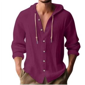 Cotton And Linen Shirt Hooded Sweater Button Long Sleeve (Option: Purple-L)