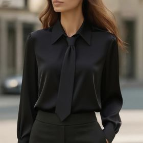 Women's Solid Color Long Sleeve Classic Shirt - Machine Washable Versatile Top For Casual & Office Wear (Option: Black-S)