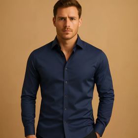 Men's Shirt Business Button Down Shirt Summer Solid Color Long Sleeve Lapel Vacation Shirt Fashion Temperament Casual Tops (Option: Blue-L)