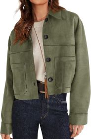 European And American Style Women Faux Suede Short Jacket Casual Lightweight Autumn Fashion (Option: Dark Green-S)