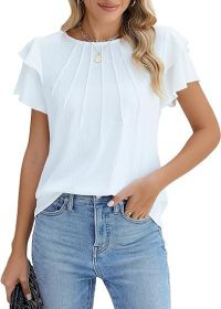 Summer Pleated Short Sleeve Round Neck Top Business Work Shirt (Option: White-S)