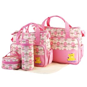5PCS Per Set Baby Nappy Diaper Bags Set Mummy Diaper Shoulder Bags WithNappy Changing Pad Insulated Pockets Travel Tote Bags For Mom Dad (Option: 5Pc Per Set Pink)