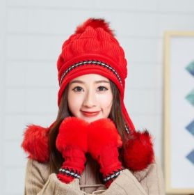 Cozy Knit Fleece-Feel Beanie With Ear Flaps & Pompom Warm Winter Hat For Women Perfect For Skiing & Outdoor Activities (Option: Red-Hat and gloves)