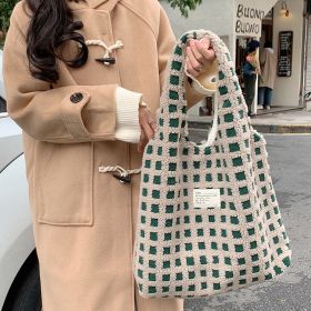 Waffle Flannel Bag Tote Bag Large Capacity Commute Minimalist Student Class Bag (Option: Green Grid)