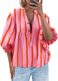 Women's Striped Shirt Puff Sleeve Loose Top (Option: Pink-S)