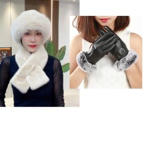Suit Winter Scarf Mongolian Cap Plush Hat Women's Thickened (Option: Beige and  black Gloves-Free Size)