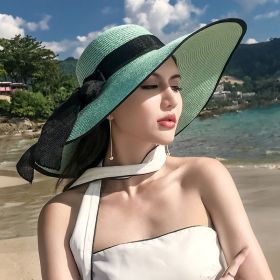Women's Seaside Summer Vacation Foldable Sun Hat With Wide Brim (Option: Black Edge Mint Green-Average Size)