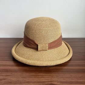 French Straw Sun Protection Bow Curling Temperament Straw Hat (Option: Brown-M)