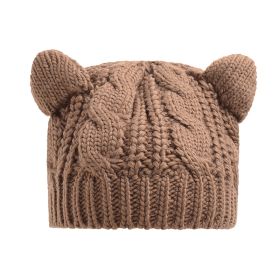 Hand Made 3D Cute Knitted Cat Ear Beanie For Winter (Option: Khaki)