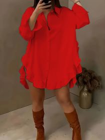 Women's Plus Size Casual Shirt With Ruffle Hem, Solid Color, Woven Polyester, Non-Stretch, Pointed Collar, Button Front, For All Seasons (Option: Red-Xl)
