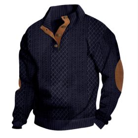 Stand Collar Long Sleeve Jacquard Knitted Pullover Sweater (Option: Navy blue-L)