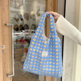 Waffle Flannel Bag Tote Bag Large Capacity Commute Minimalist Student Class Bag (Option: Blue Grid)