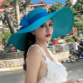 Women's Seaside Summer Vacation Foldable Sun Hat With Wide Brim (Option: Sky Blue-Average Size)