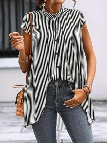 Black And White Striped Fake Two-piece Short-sleeved Shirt, Round-neck Front-buttoned Shirt (Option: Hei-XXL)