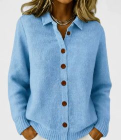 Button-knitted Lapel Sweater Cardigan Coat For Women (Option: Blue 2-S)