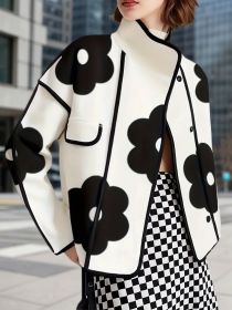New Style Women's Long-sleeved Loose Contrast-colored Flower-printed Slit Stand-collar Jacket Wool Jacket (Option: M)