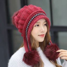 Cozy Knit Fleece-Feel Beanie With Ear Flaps & Pompom Warm Winter Hat For Women Perfect For Skiing & Outdoor Activities (Option: Red-Hat)