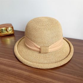 French Straw Sun Protection Bow Curling Temperament Straw Hat (Option: Khaki-M)
