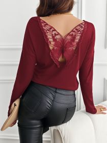 Women's Solid Color Back Stitching Pansy Rib Long-sleeved T-shirt (Option: Wine red-M)