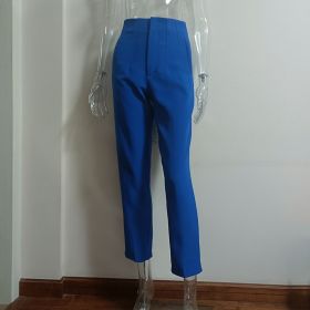 Pleated Casual High Waist Pure Color Slim-fit Basic Pants (Option: Sapphire Blue-S)