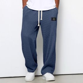 Waffle Straight Pants Fashion Brand Loose Loose  Drawstring Pockets Trousers Casual Men's Clothing (Option: Navy blue-M)