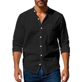 Long Sleeve Stand Collar Shirt With Pockets Casual Men's Clothing (Option: Black-M)