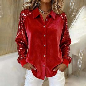 Women's Fashion Sequins Long Sleeve Blouses Casual Solid Long Sleeve Turn-down Collar Button Shirts Top Women Holiday Streetwear Clubwear Clothes (Option: Red-M)