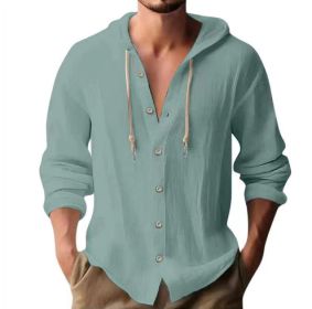 Cotton And Linen Shirt Hooded Sweater Button Long Sleeve (Option: Grey blue-XXXL)