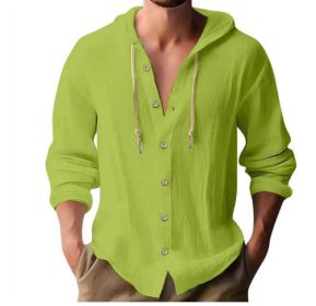 Cotton And Linen Shirt Hooded Sweater Button Long Sleeve (Option: Fruit green-XXXL)