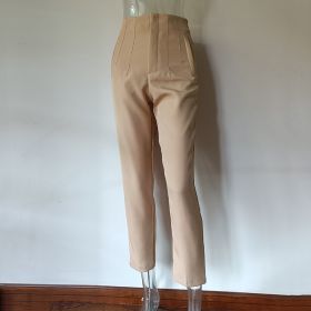 Pleated Casual High Waist Pure Color Slim-fit Basic Pants (Option: Camel color-XS)
