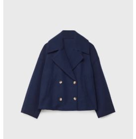Ins Double-breasted Lapel Blazer Jacket Fashion Loose Woolen Short Coat Elegant Commuting Women's Clothing (Option: Navy Blue-XS)
