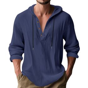 New Wish Cotton Linen Shirt Hooded Sweater Long Sleeve Hooded Casual Daily Clothing (Option: Navy Blue-XXXL)