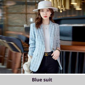 Casual Plaid Autumn Western Style Women's Clothing Long Coat (Option: Blue-4XL)