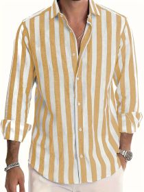 Men's Yarn-dyed Striped Casual Loose Long-sleeved Shirt (Option: HDCS13 Yellow-XXXL)