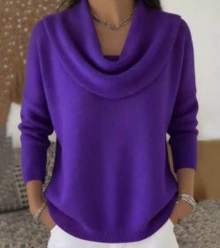 Women Soft-Shine Relaxed Round Neck Knit Sweater (Option: Purple-XL)