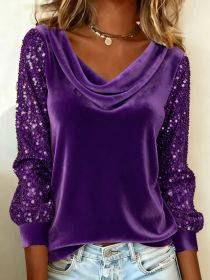 Elegant Velvet Long Sleeve Shirts For Women Autumn Winter Solid Color Loose Women Blouses Fashion Pullover Tops Party Clothes (Option: Purple-M)