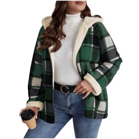 Plaid Printed Coat Fleece-lined Thickened Composite Hooded (Option: Green-M)